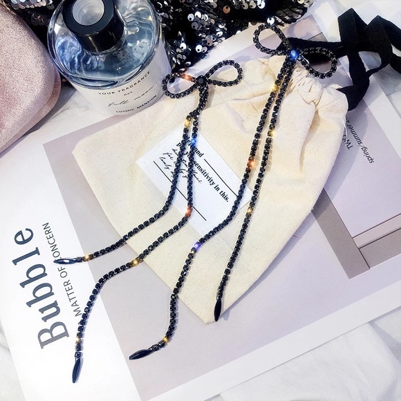 Black colored Rhinestone long Bow Earrings - Picture 15 of 16